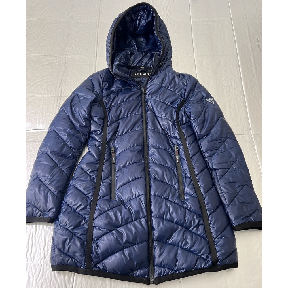 GUESS Womens Quilted Puffer Long Sleeve Down Winter Jacket Blue Small